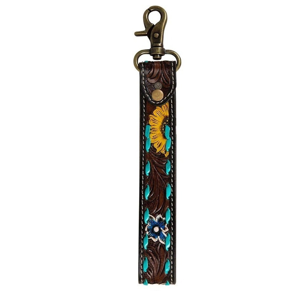 Myra Bag Sunflower Sunrise Keychain FOB Turquoise  Yellow Tooled Leather S-7547 - Picture 2 of 2